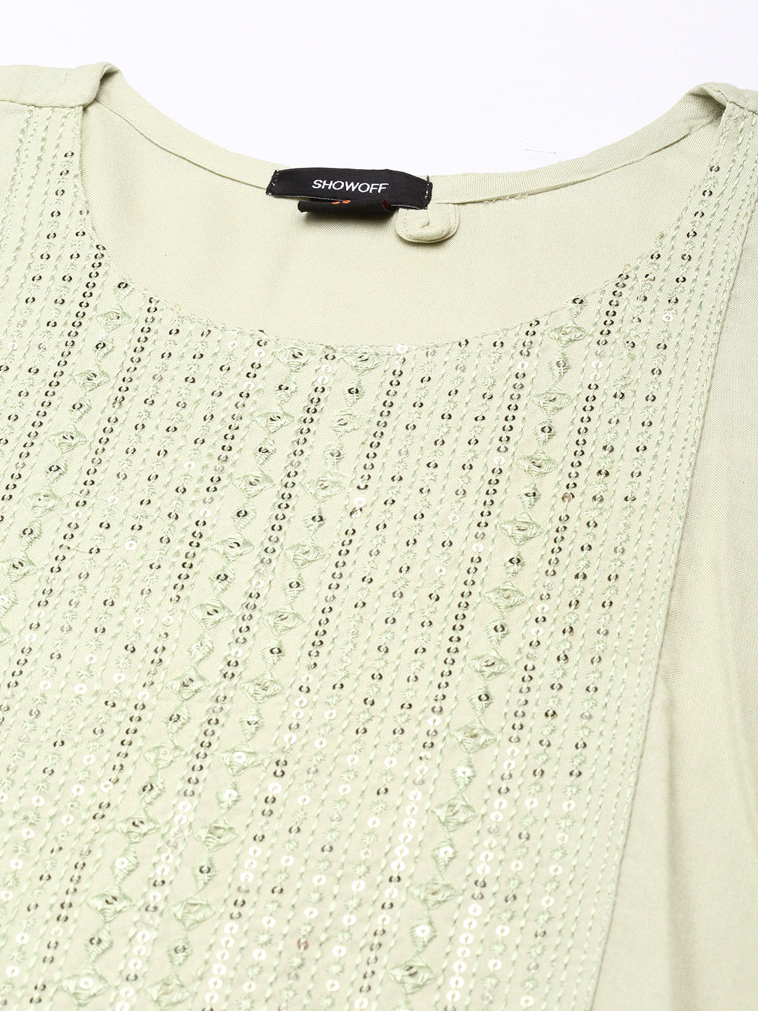 Women's Sea Green Geometric Sequinned Cotton Straight Kurta