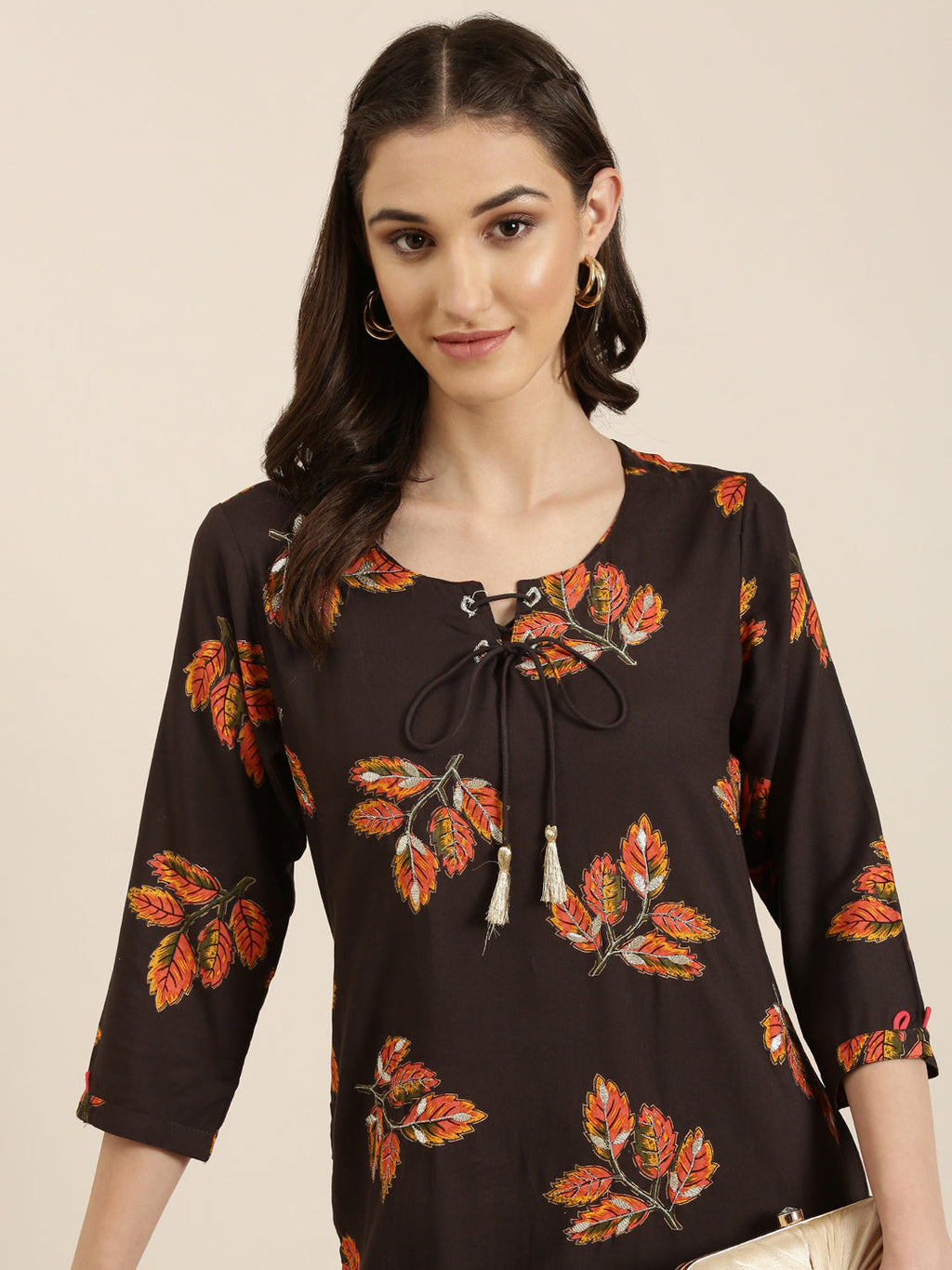 Women's Brown Floral Printed Cotton Straight Kurta
