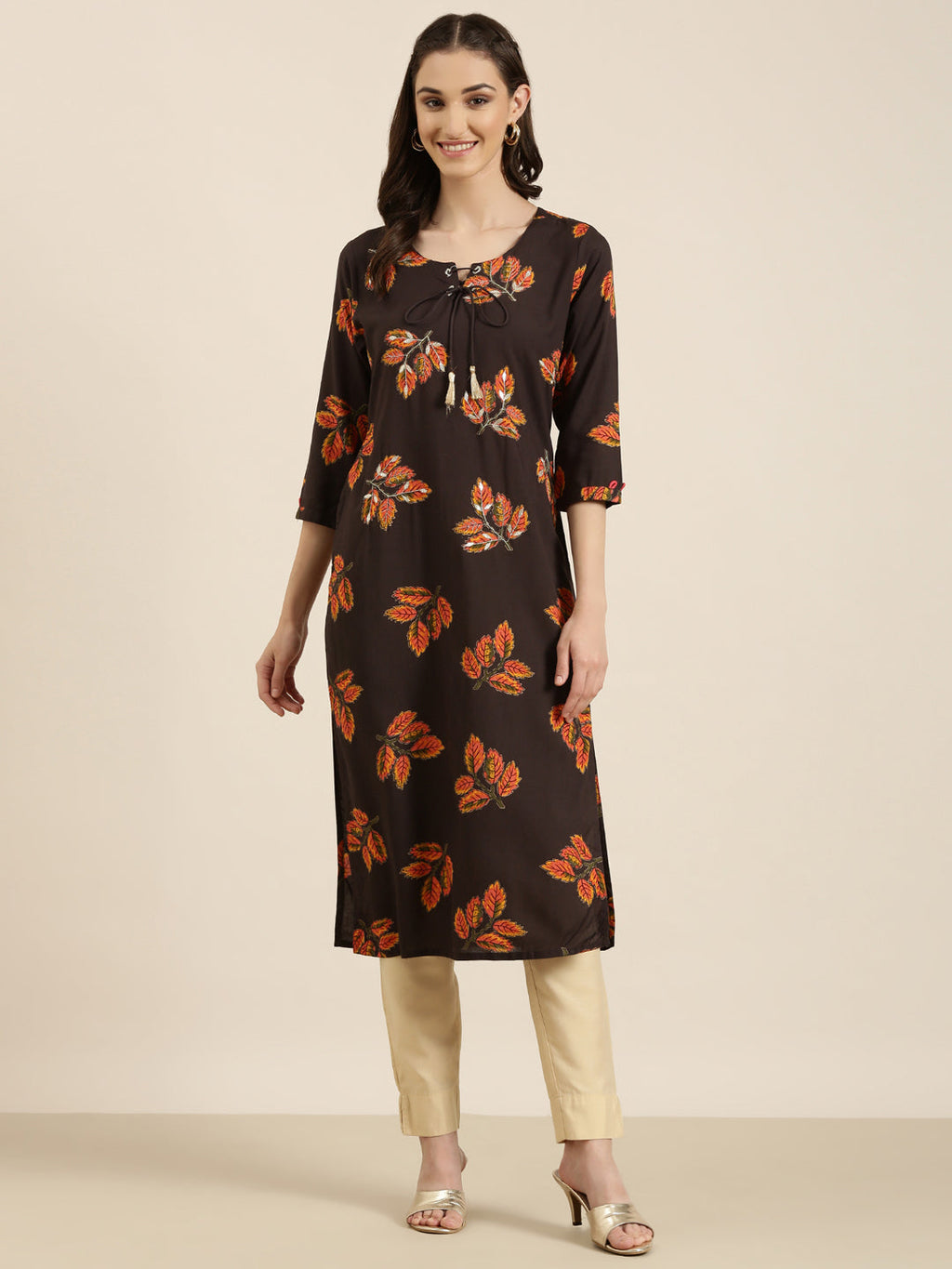 Women's Brown Floral Printed Cotton Straight Kurta