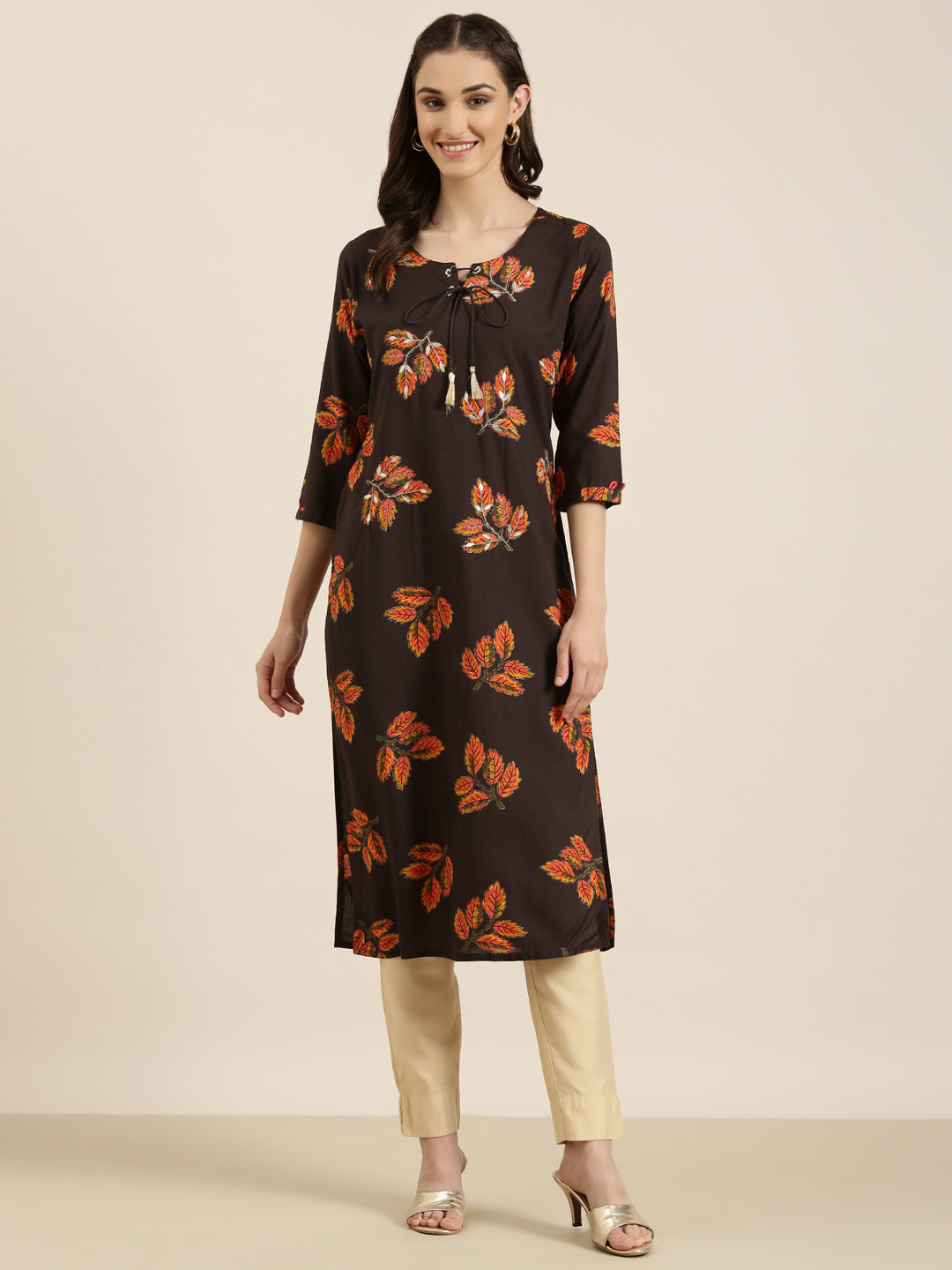 Women's Brown Floral Printed Cotton Straight Kurta