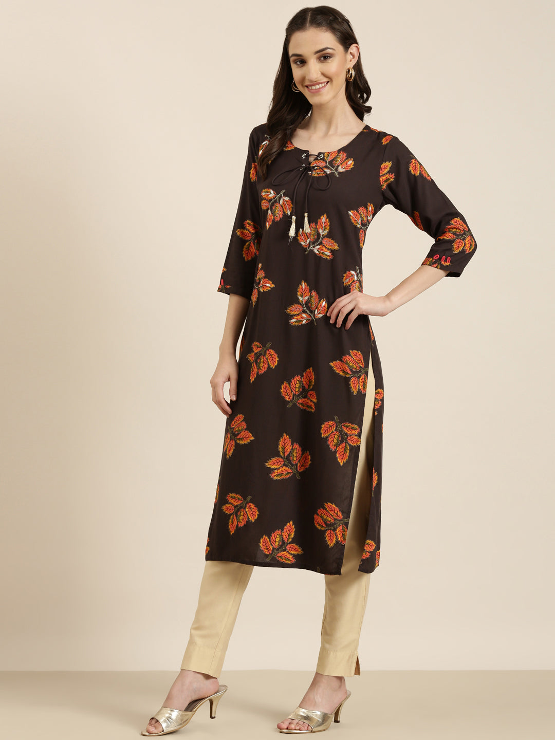 Women's Brown Floral Printed Cotton Straight Kurta