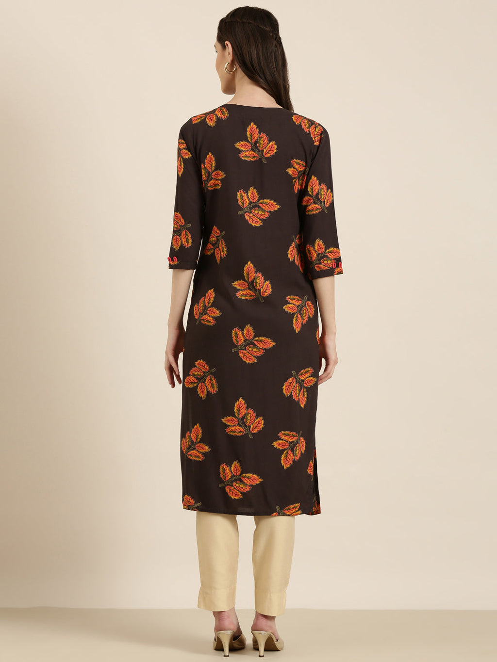 Women's Brown Floral Printed Cotton Straight Kurta