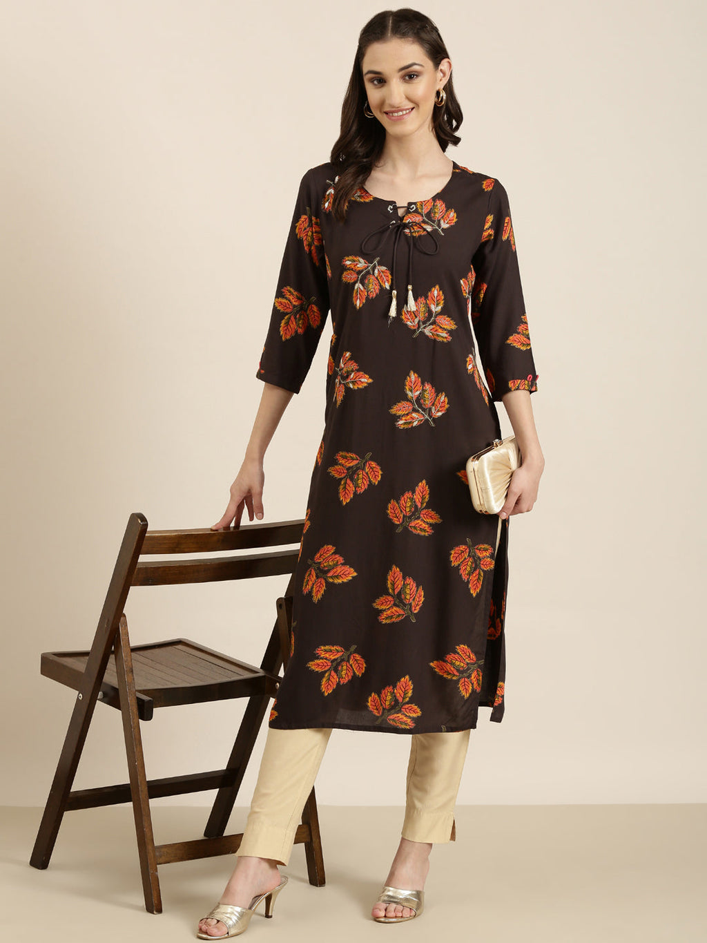 Women's Brown Floral Printed Cotton Straight Kurta