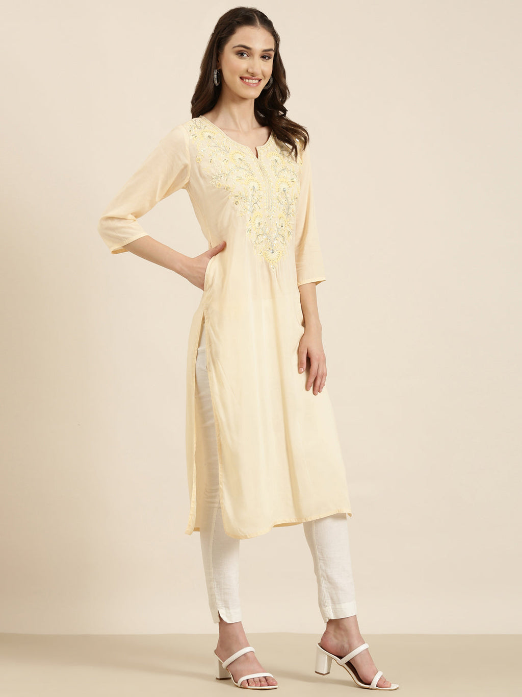 Women's Peach Solid Straight Kurta