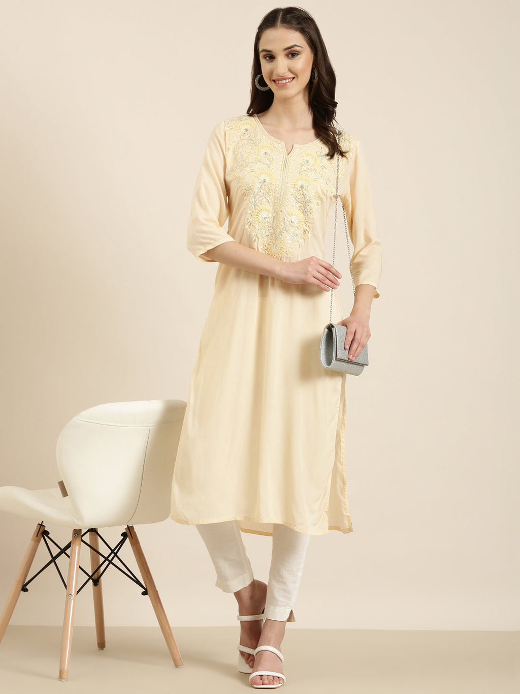 Women's Peach Solid Straight Kurta
