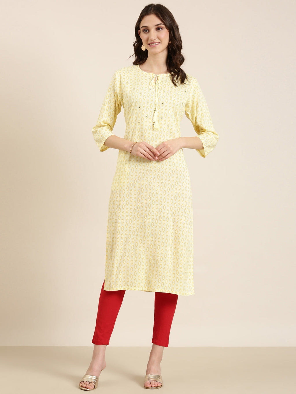 Women's Yellow Geometric Printed Thread Work Straight Kurta