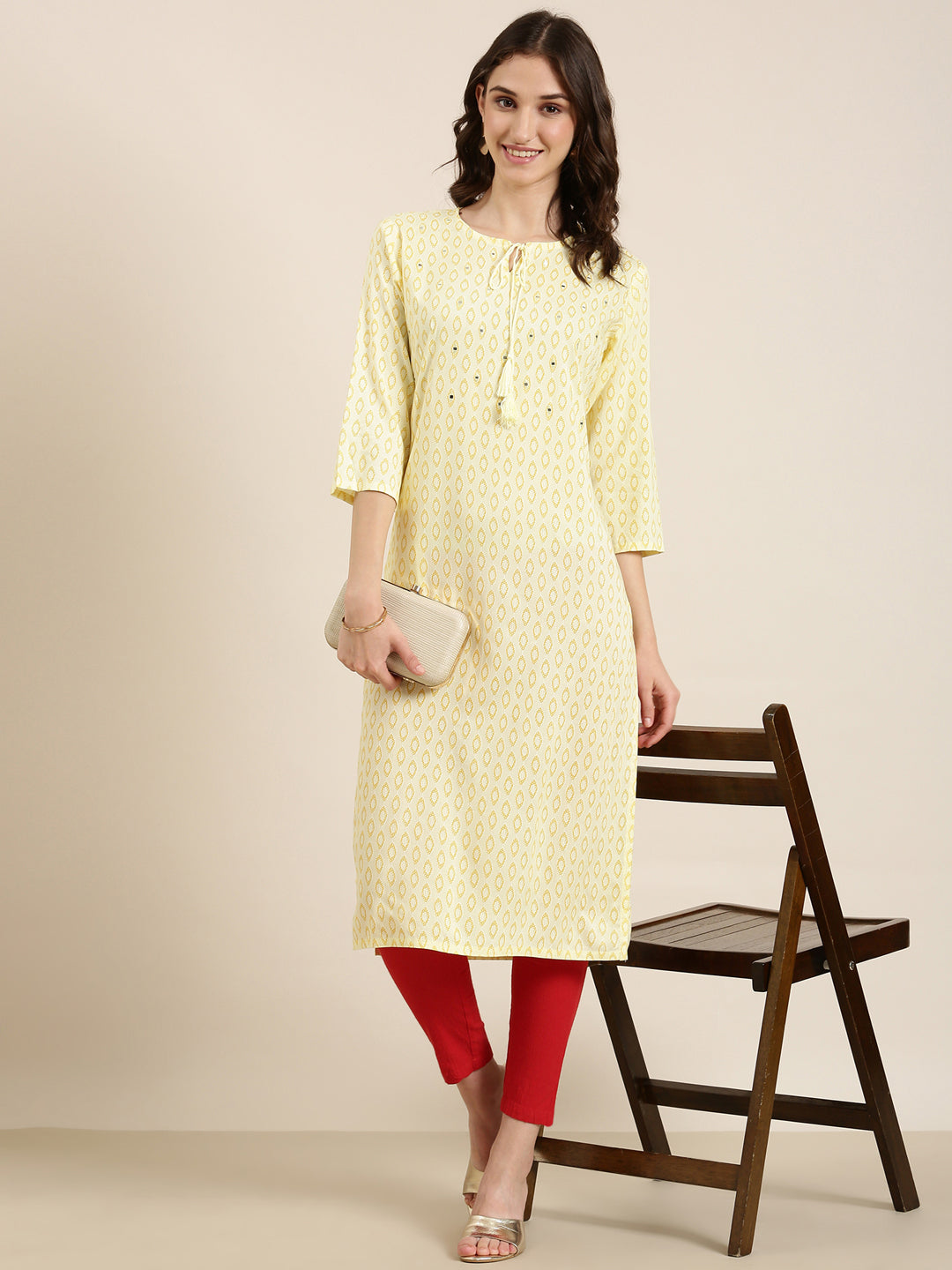 Women's Yellow Geometric Printed Thread Work Straight Kurta