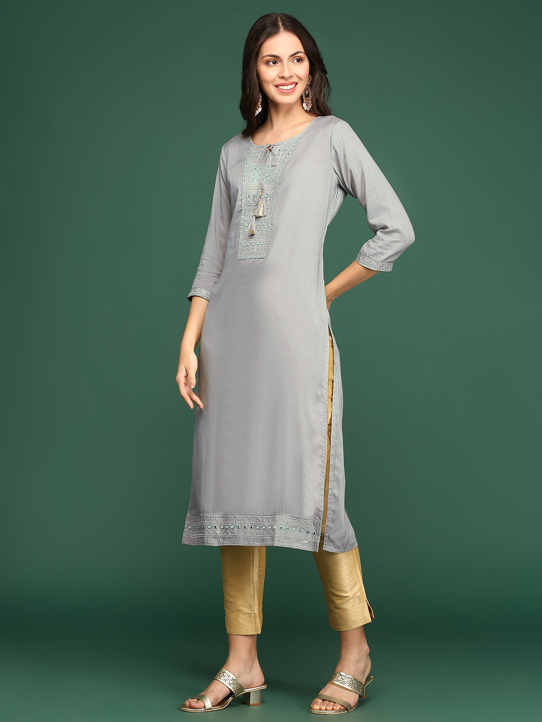 Women's Printed Grey Straight Kurta
