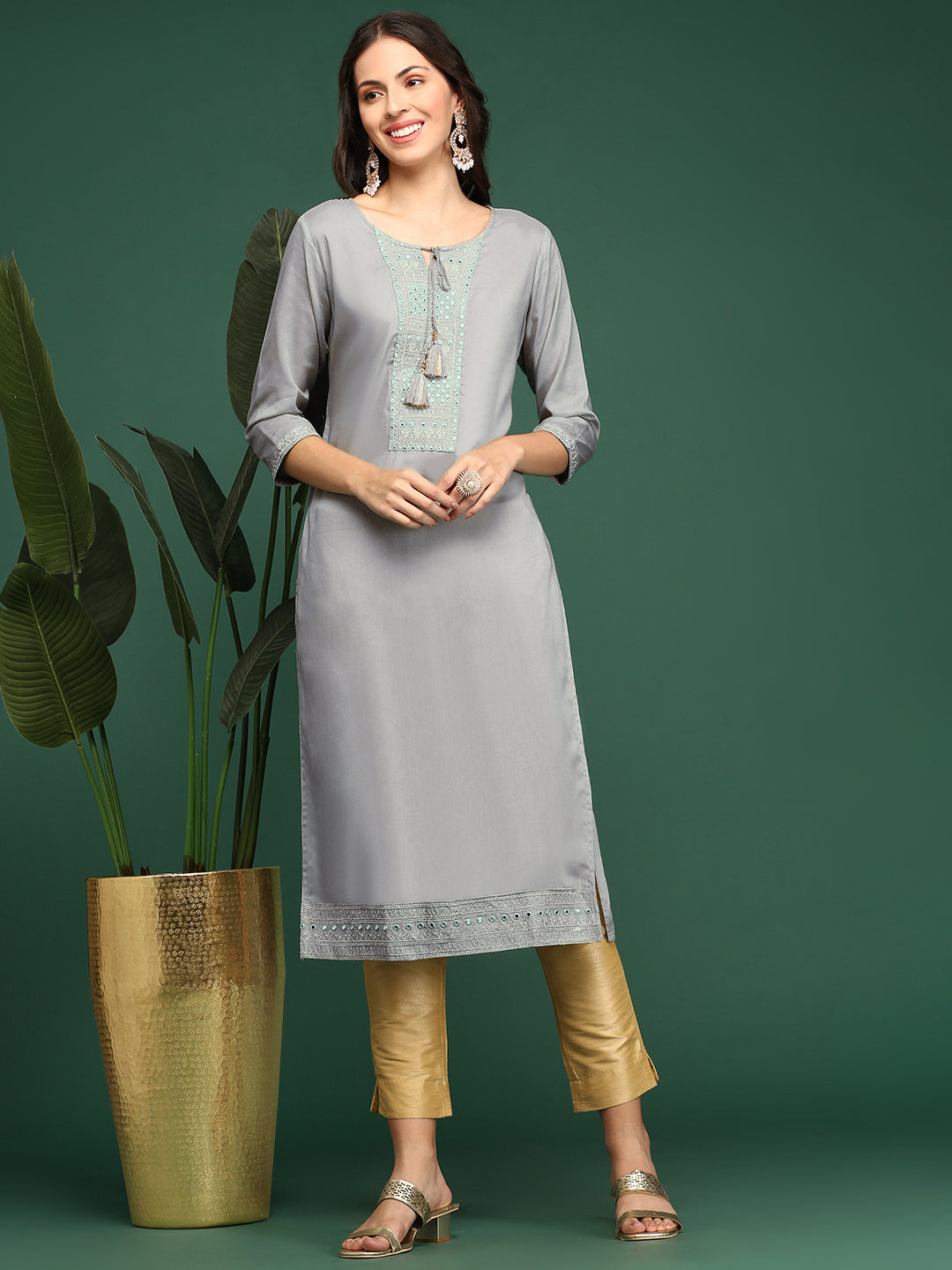 Women's Printed Grey Straight Kurta