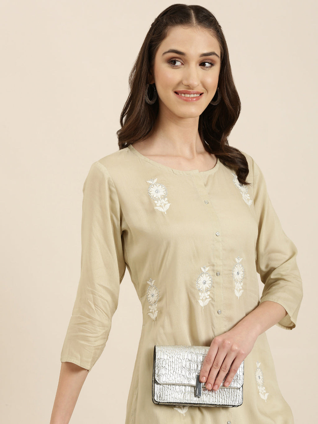 Women's Beige Floral Embroidered Sequinned A-Line Kurta
