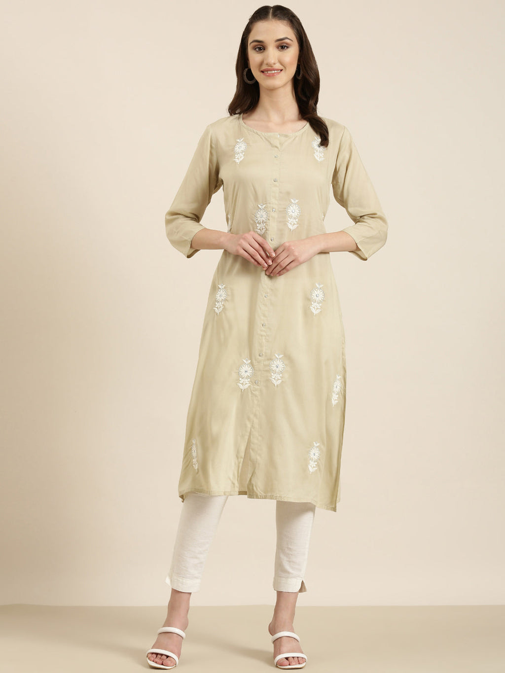 Women's Beige Floral Embroidered Sequinned A-Line Kurta