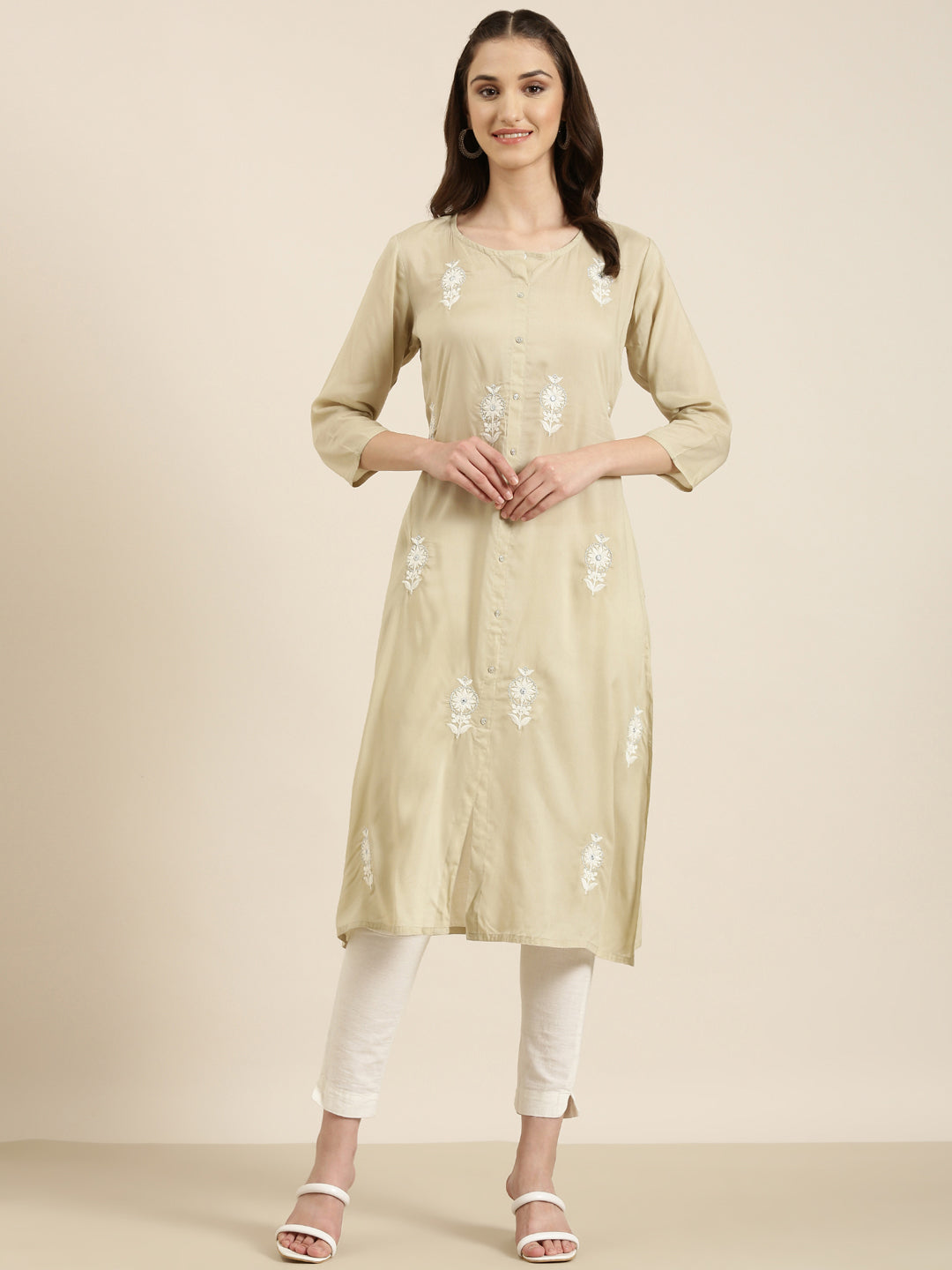 Women's Beige Floral Embroidered Sequinned A-Line Kurta