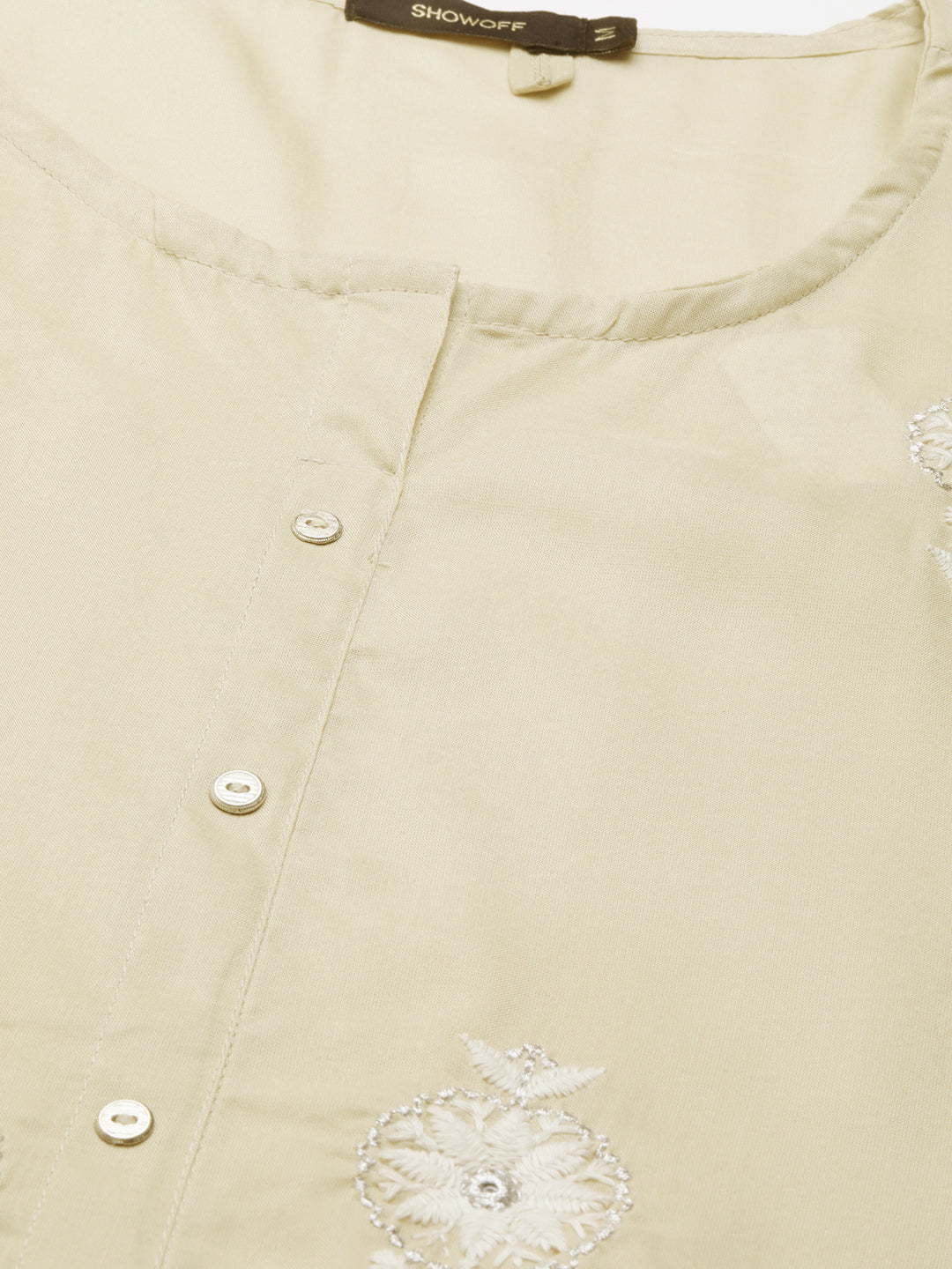 Women's Beige Floral Embroidered Sequinned A-Line Kurta