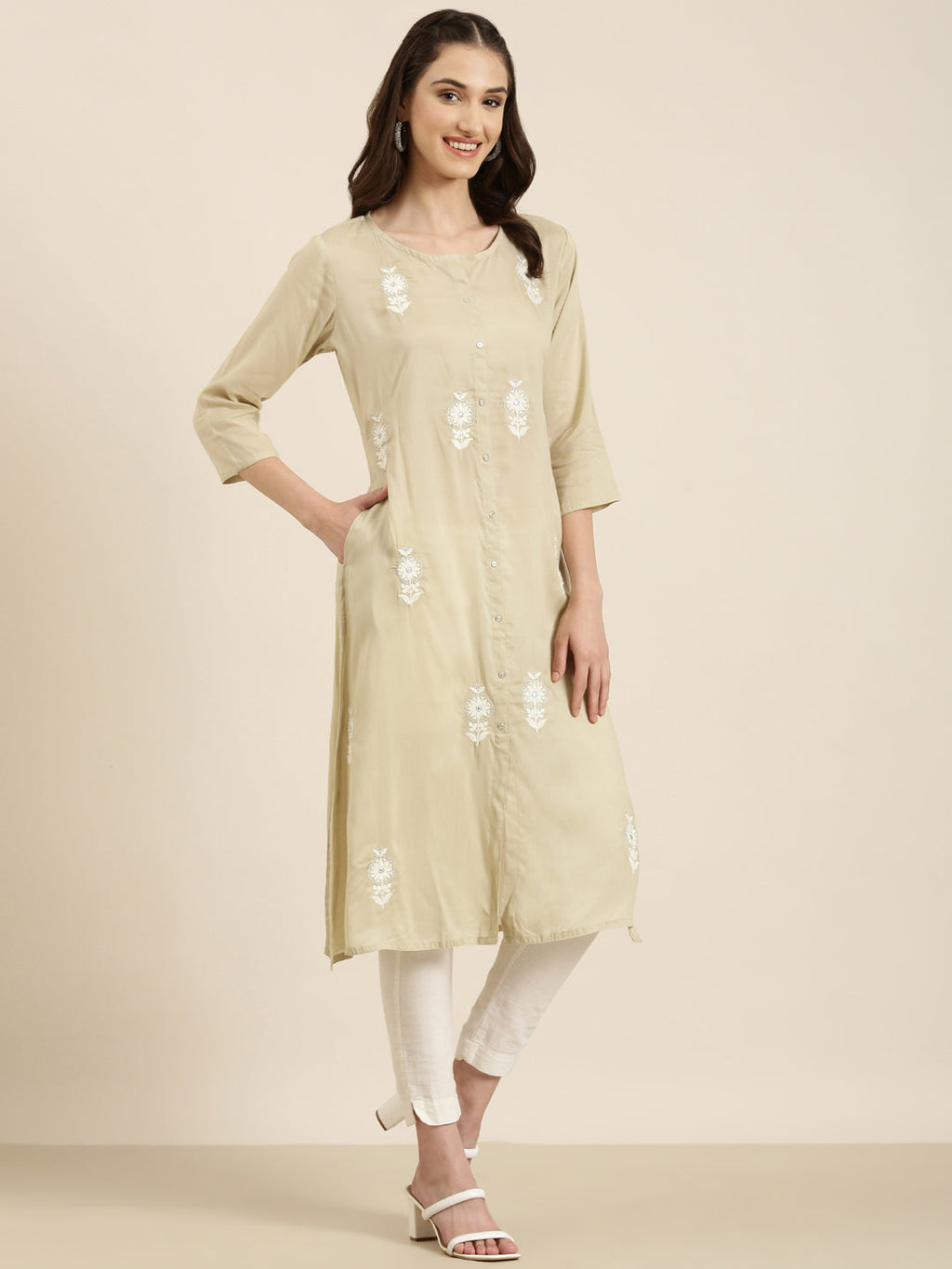 Women's Beige Floral Embroidered Sequinned A-Line Kurta