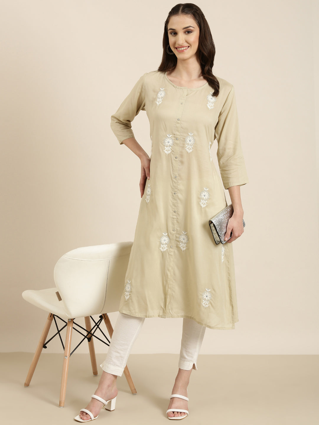 Women's Beige Floral Embroidered Sequinned A-Line Kurta