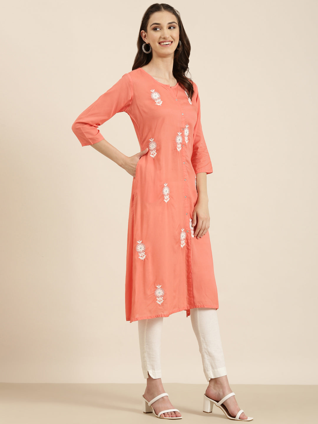 Women's Coral Floral Embroidered Thread Work A-Line Kurta