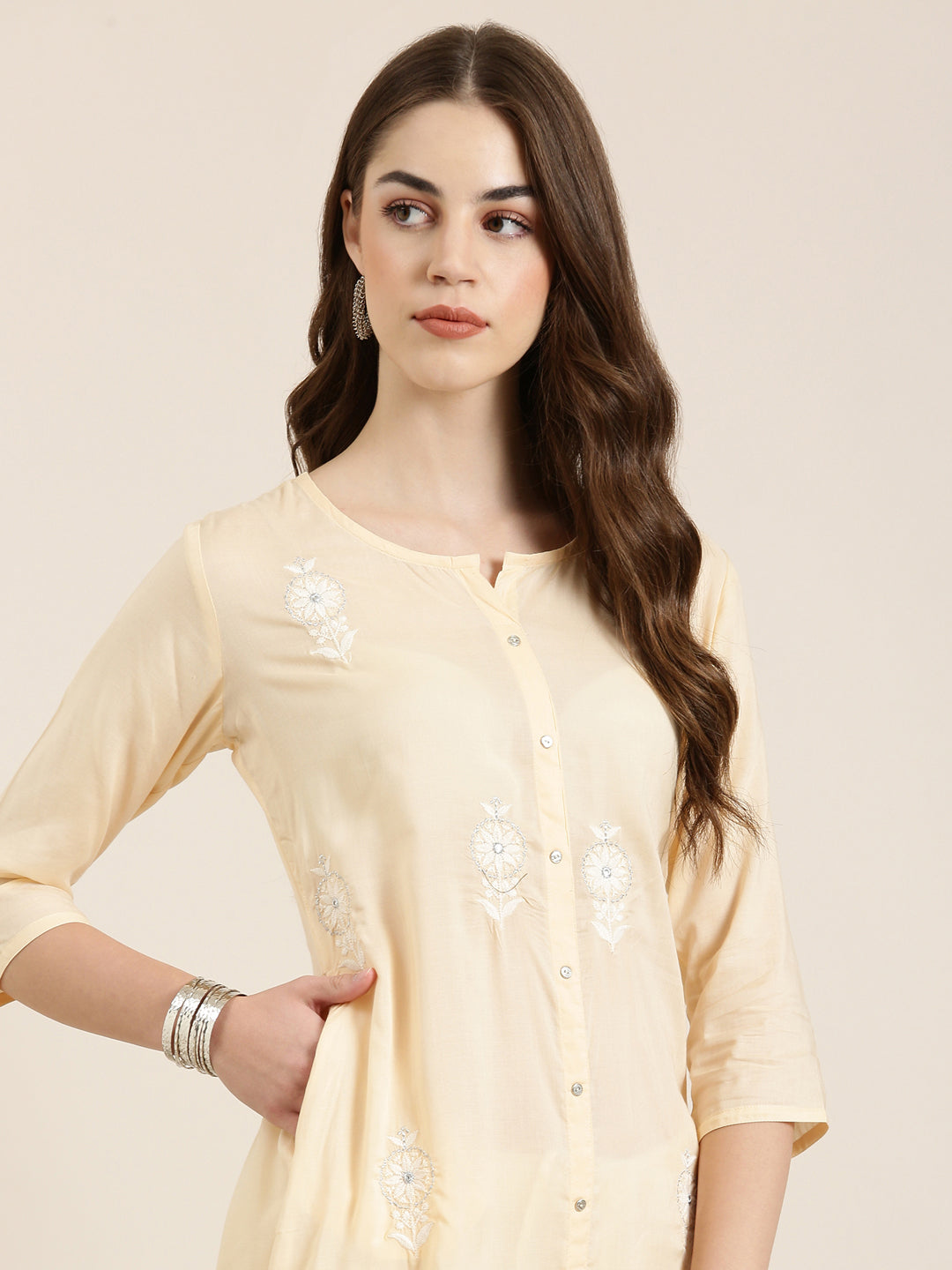 Women's Peach Floral Embroidered A-Line Kurta