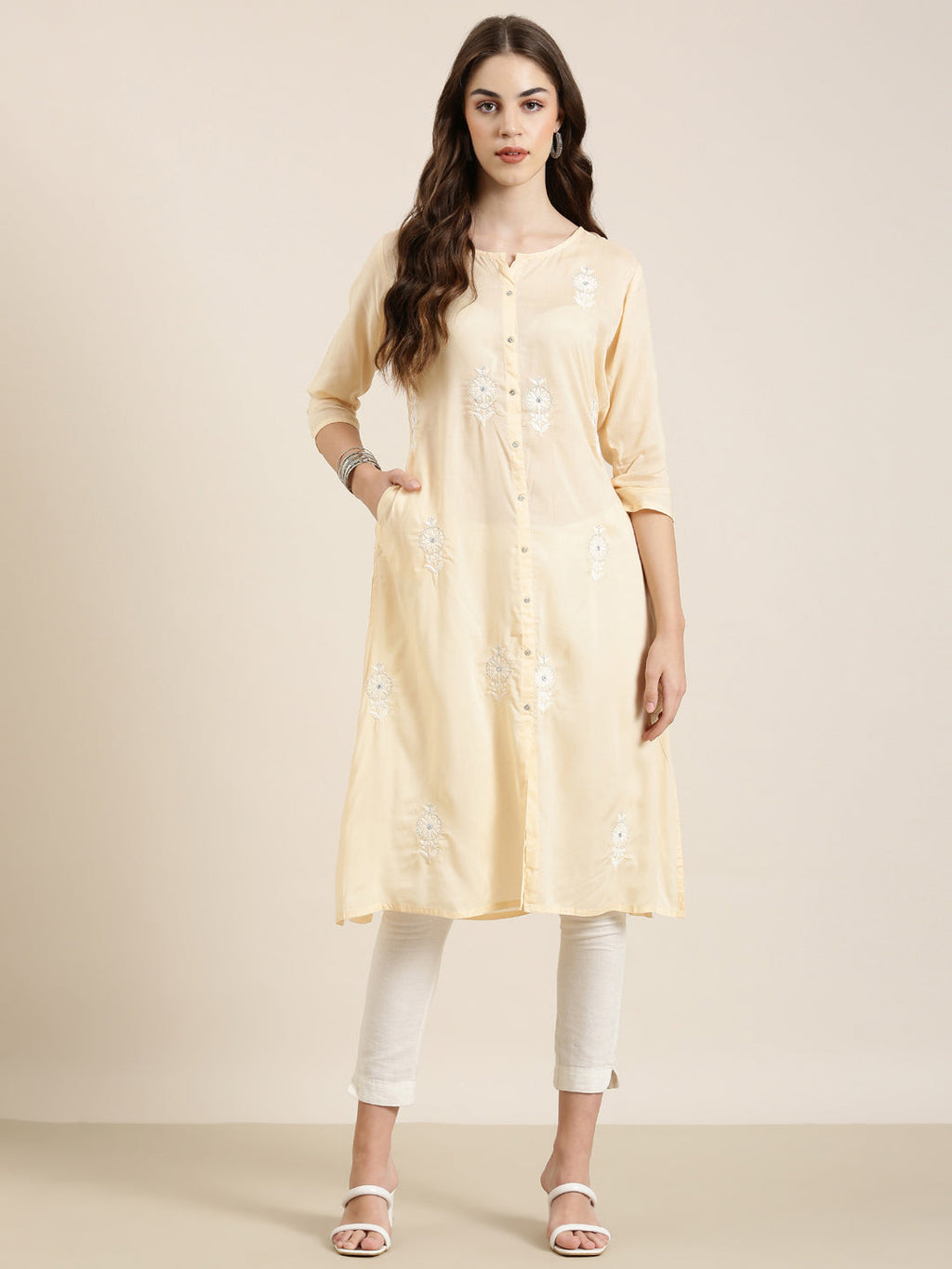 Women's Peach Floral Embroidered A-Line Kurta