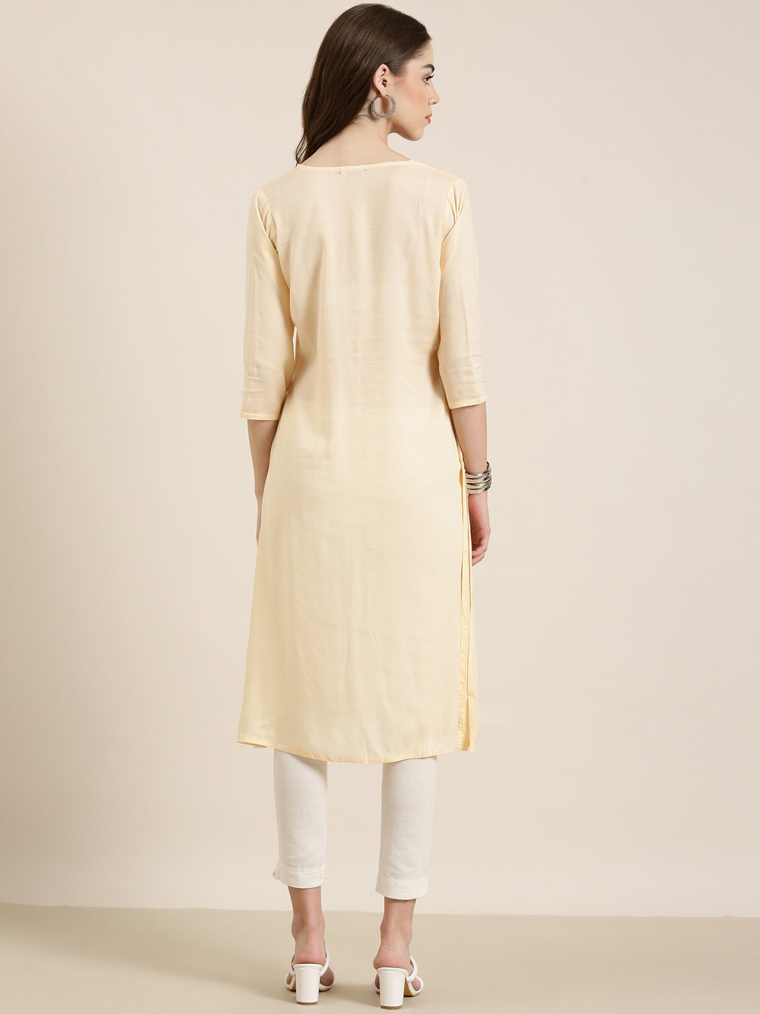 Women's Peach Floral Embroidered A-Line Kurta