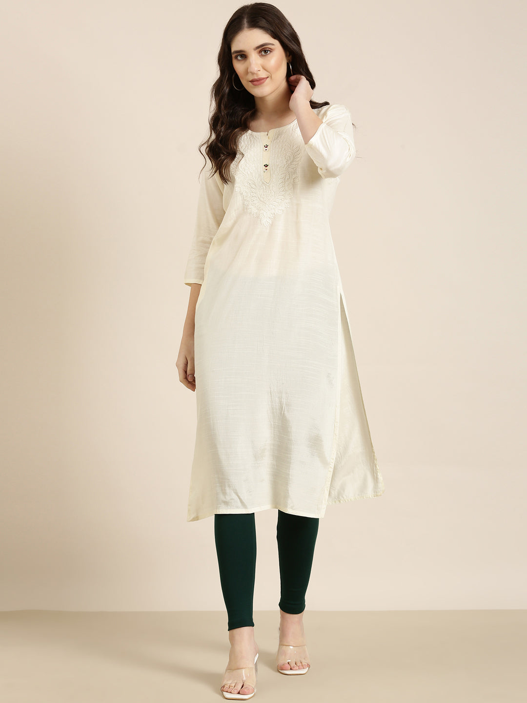 Women's Cream Ethnic Motifs Yoke Design Straight Kurta