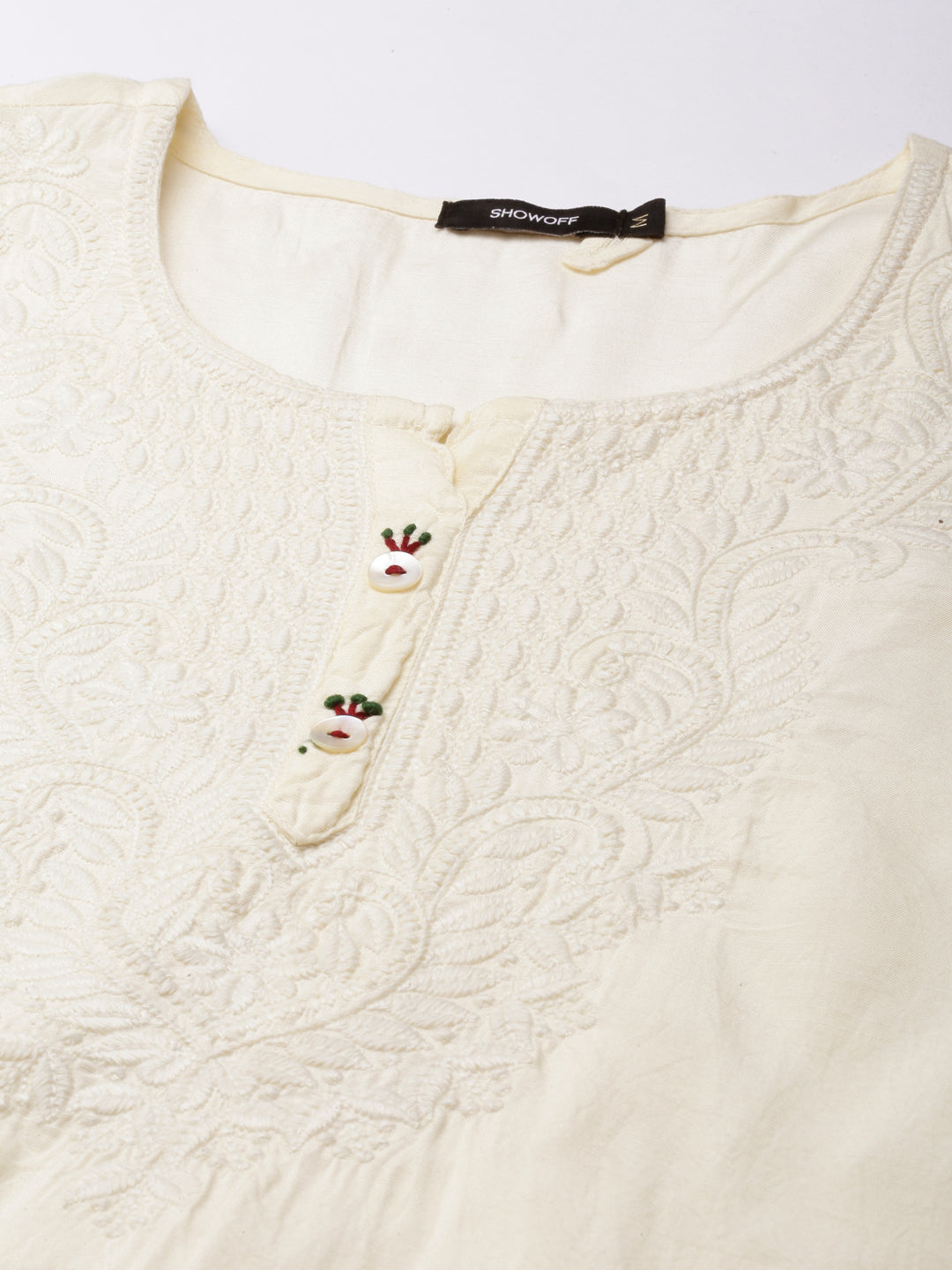 Women's Cream Ethnic Motifs Yoke Design Straight Kurta