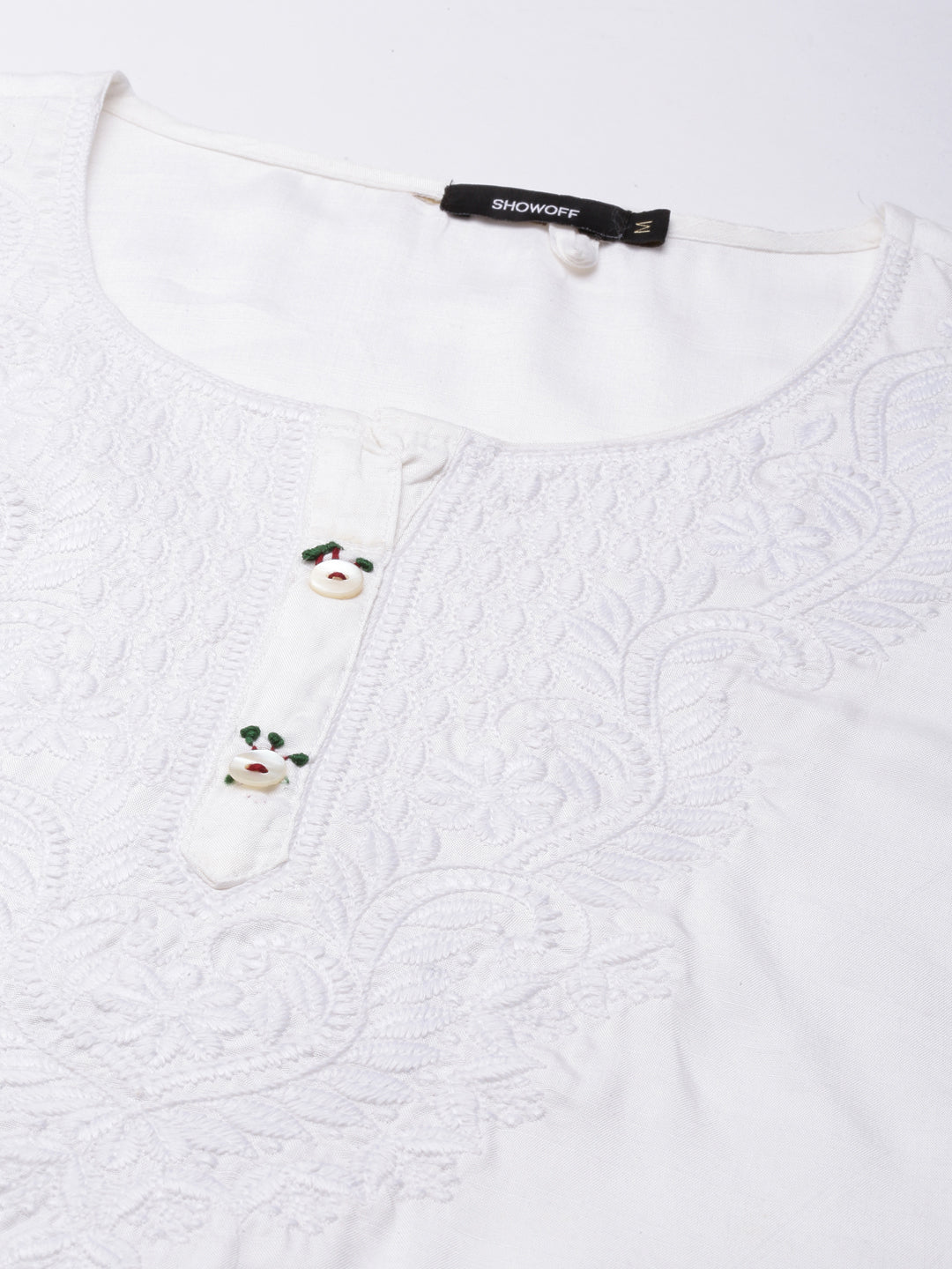 Women's White Ethnic Motifs Straight Thread Work Kurta