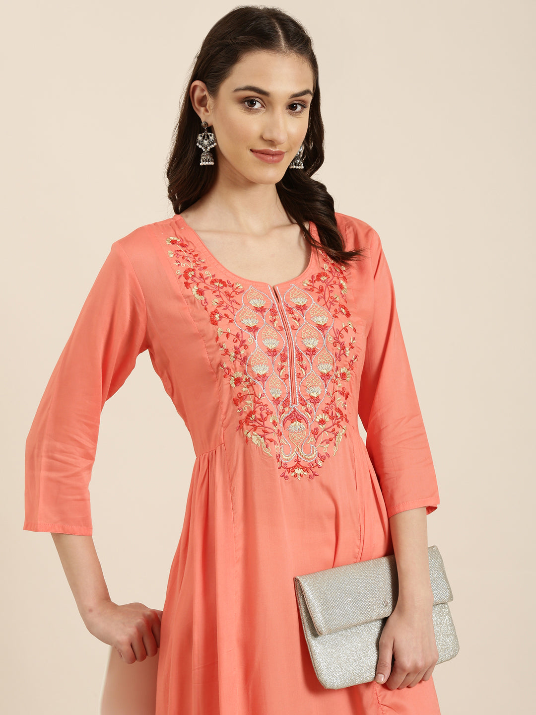 Women's Coral Floral Embroidered Cotton A-Line Kurta