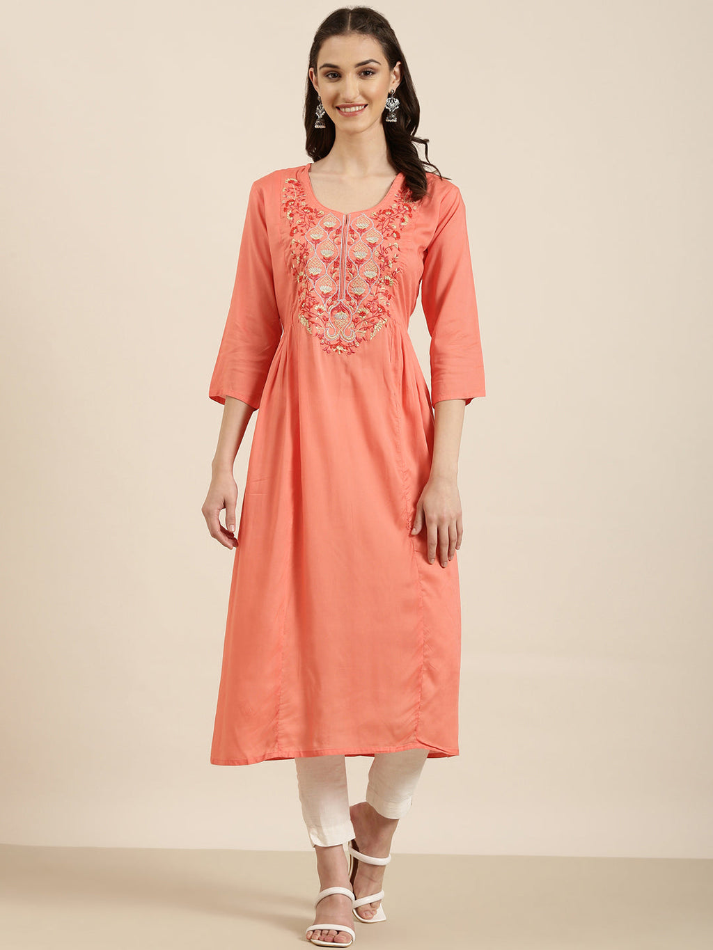 Women's Coral Floral Embroidered Cotton A-Line Kurta