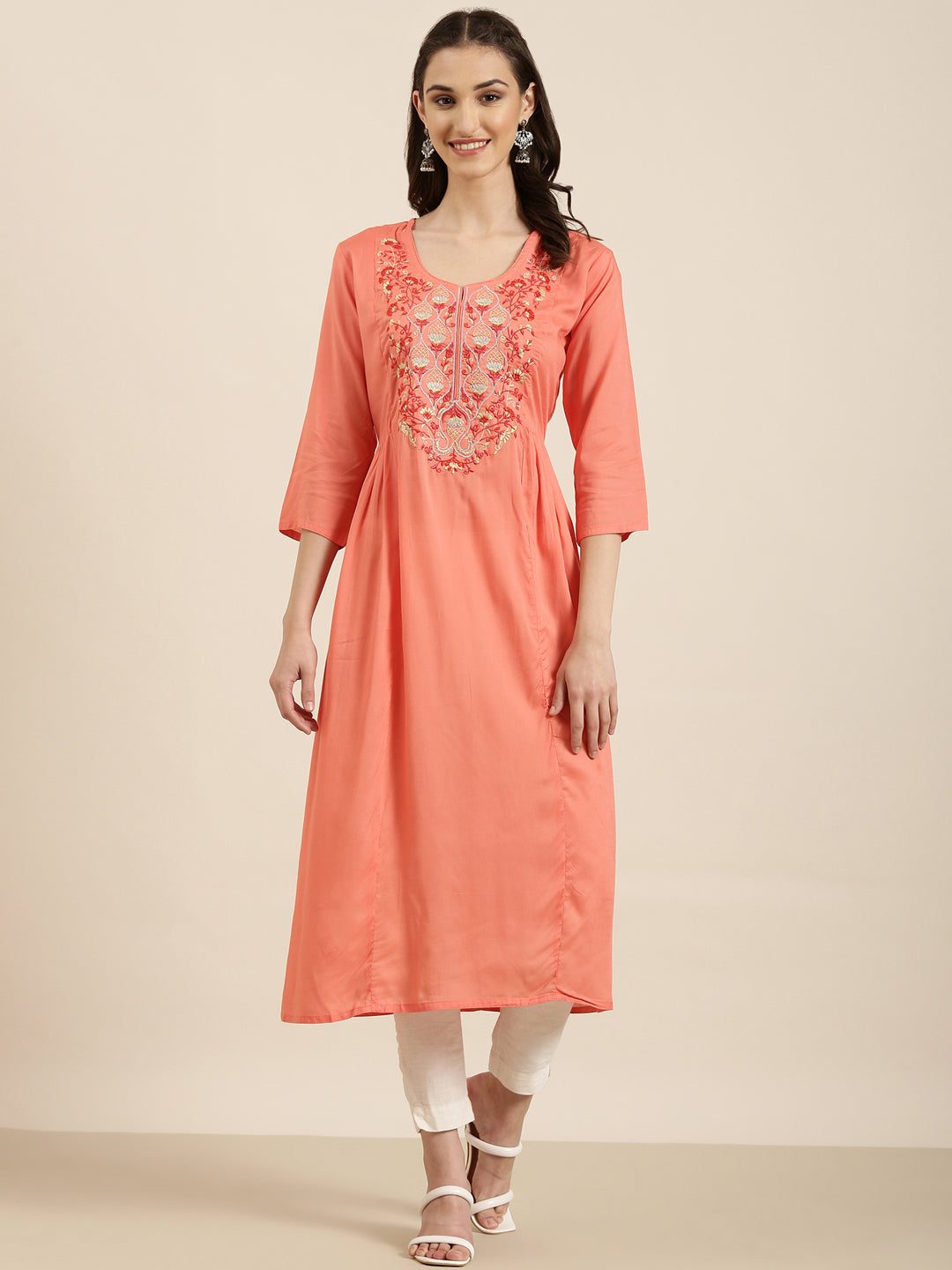 Women's Coral Floral Embroidered Cotton A-Line Kurta