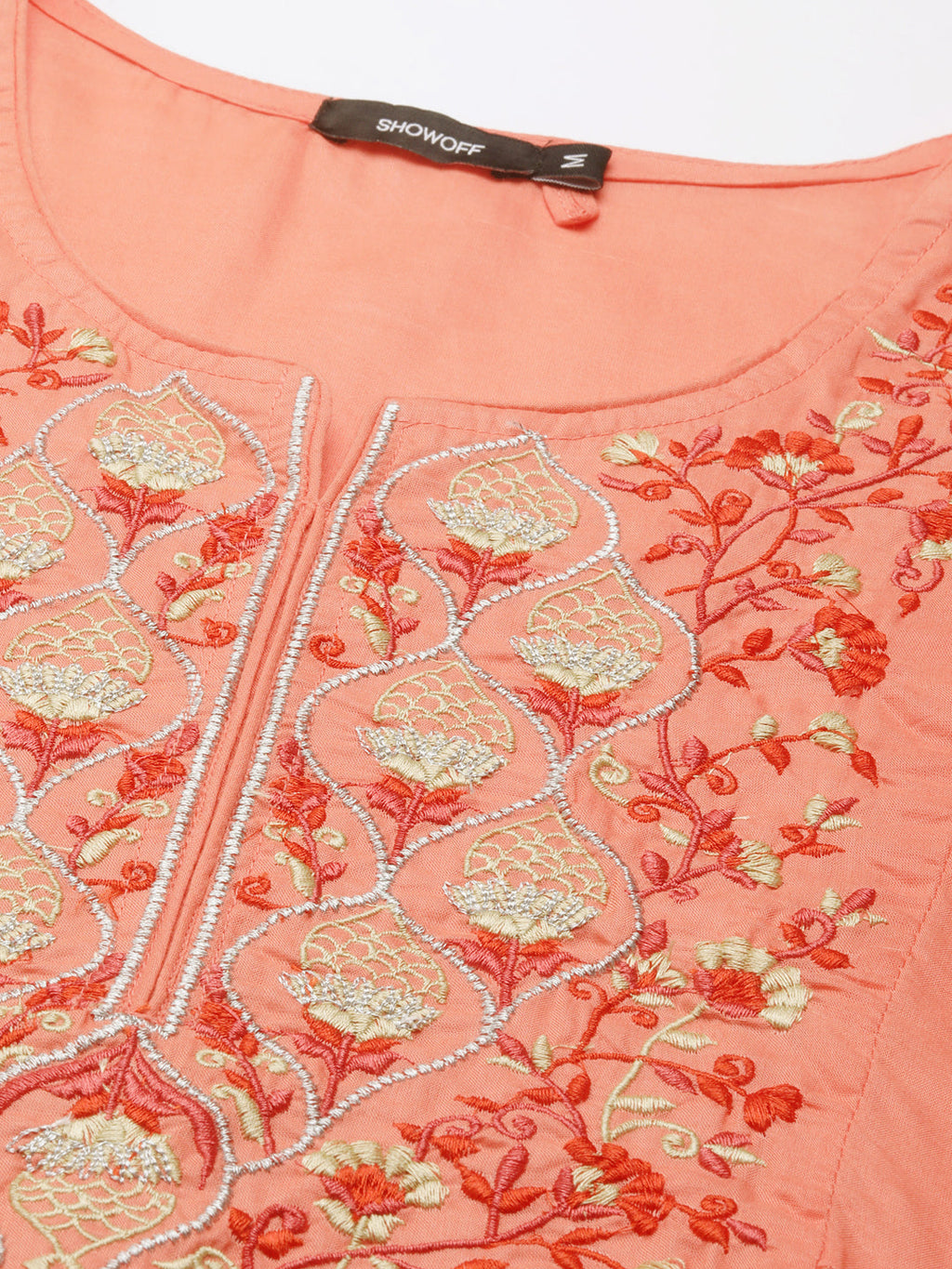 Women's Coral Floral Embroidered Cotton A-Line Kurta