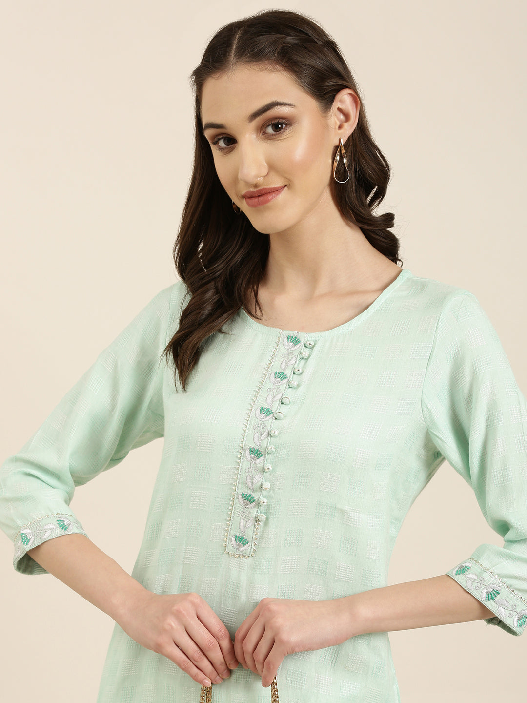 Women's Sea Green Self Design Straight Kurta