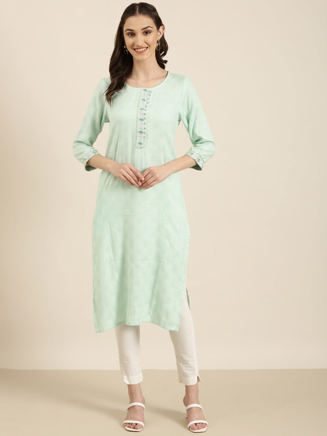 Women's Sea Green Self Design Straight Kurta