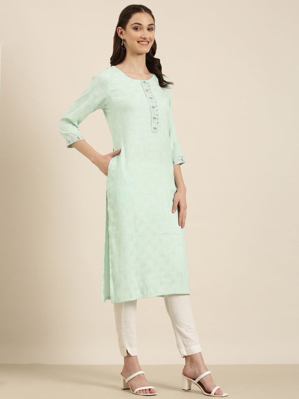 Women's Sea Green Self Design Straight Kurta