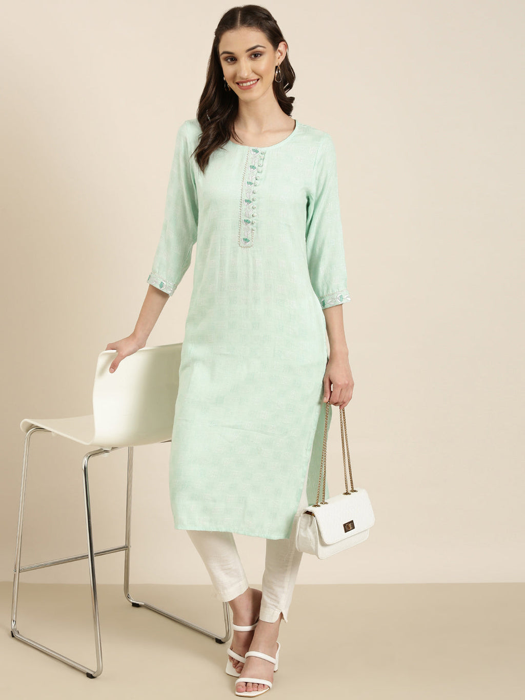 Women's Sea Green Self Design Straight Kurta