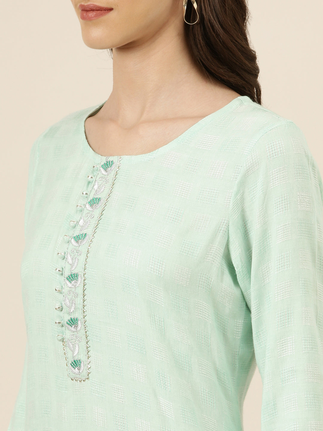 Women's Sea Green Self Design Straight Kurta