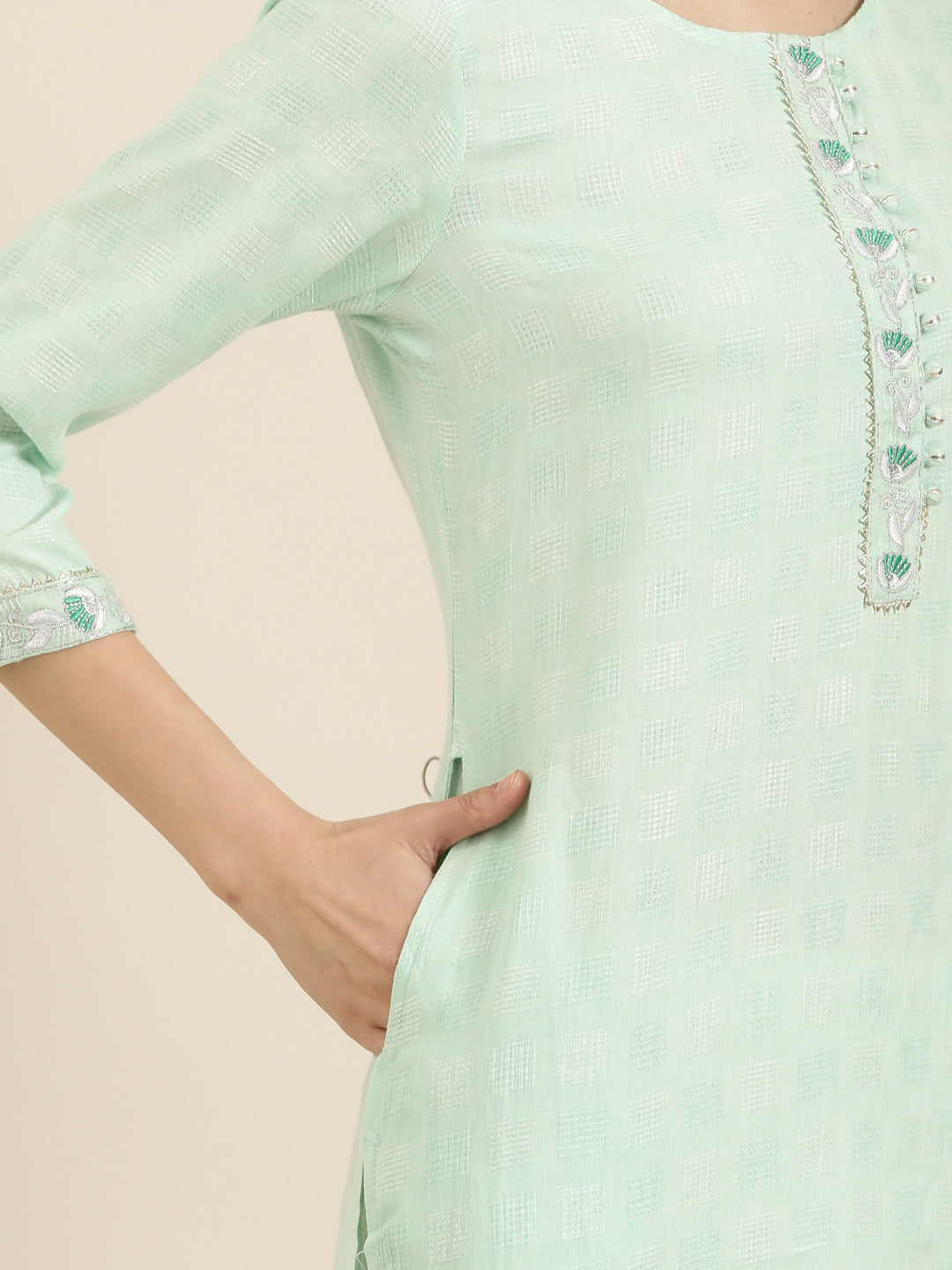 Women's Sea Green Self Design Straight Kurta