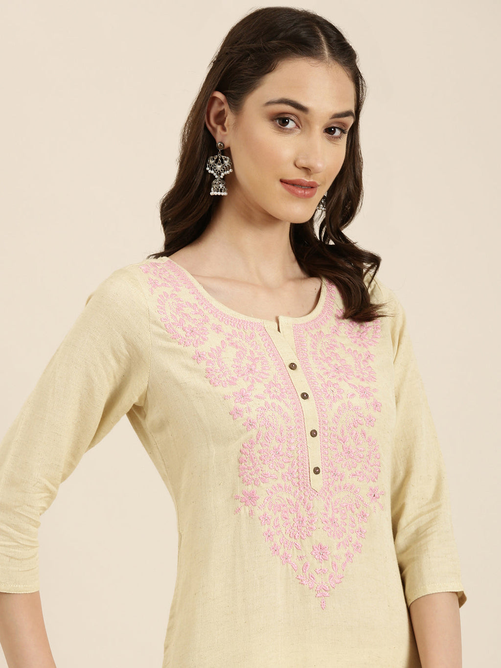 Women's Beige Floral Embroidered Thread Work Straight Kurta