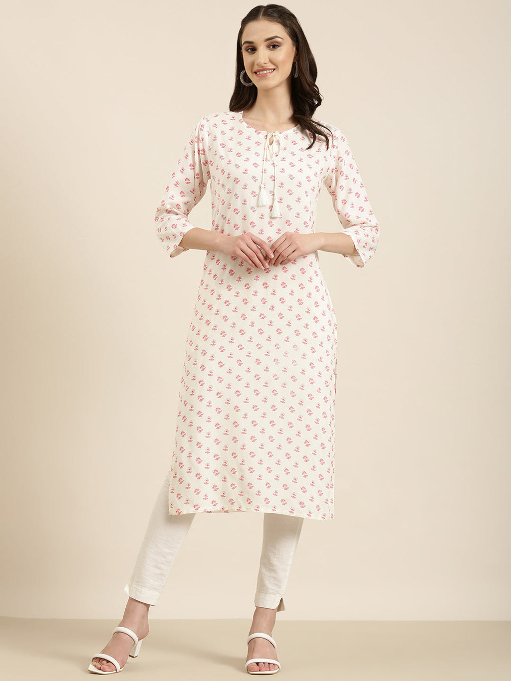 Women's Off White Floral Printed Tie-Up Neck Straight Kurta