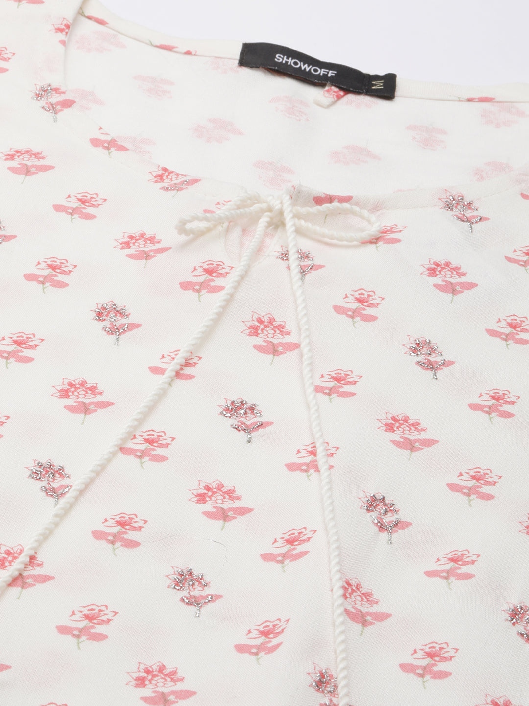 Women's Off White Floral Printed Tie-Up Neck Straight Kurta