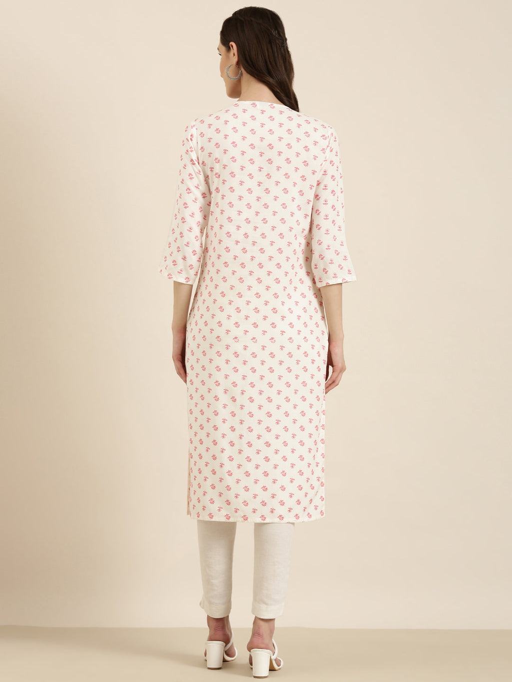 Women's Off White Floral Printed Tie-Up Neck Straight Kurta