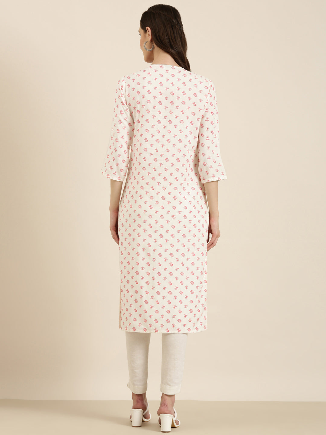 Women's Off White Floral Printed Tie-Up Neck Straight Kurta