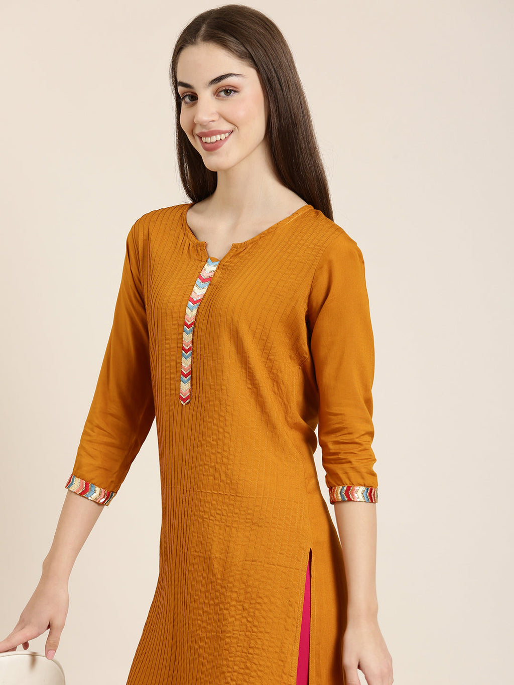 Women's Mustard Round Neck Straight Kurta
