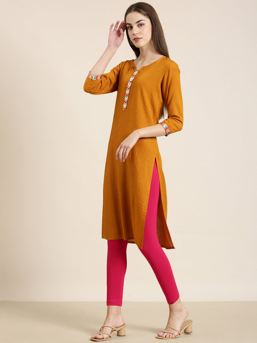 Women's Mustard Round Neck Straight Kurta