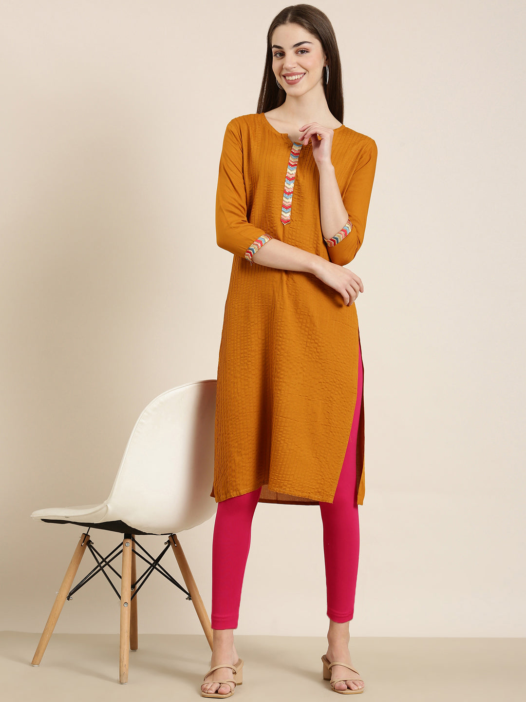 Women's Mustard Round Neck Straight Kurta
