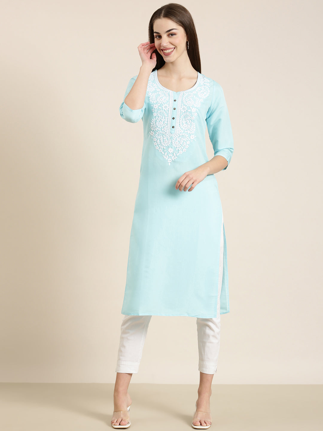Women's Blue Floral Embroidered Thread Work Cotton Straight Kurta
