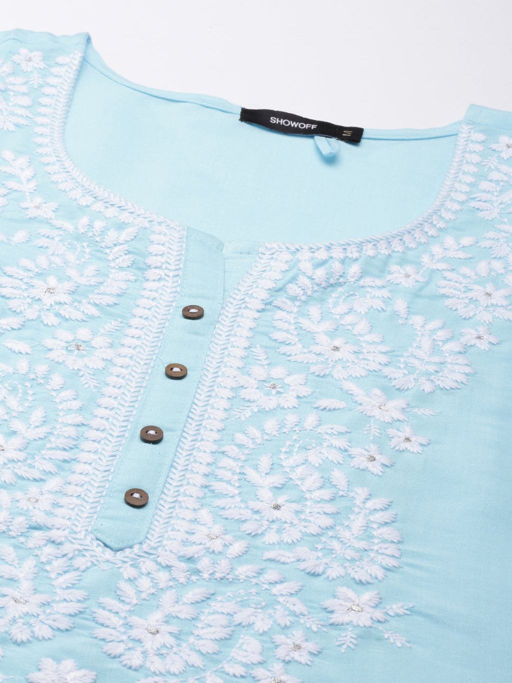 Women's Blue Floral Embroidered Thread Work Cotton Straight Kurta