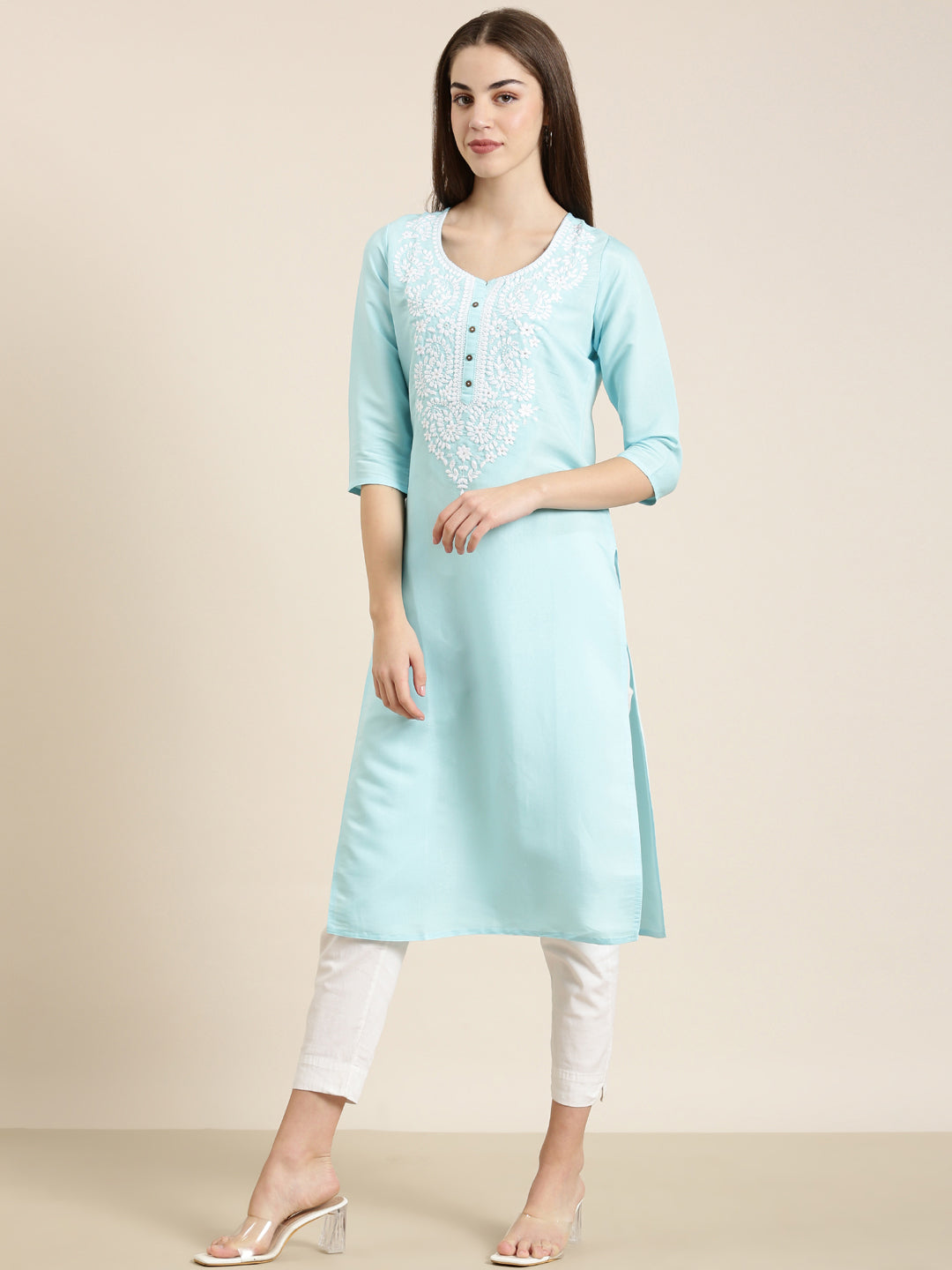 Women's Blue Floral Embroidered Thread Work Cotton Straight Kurta