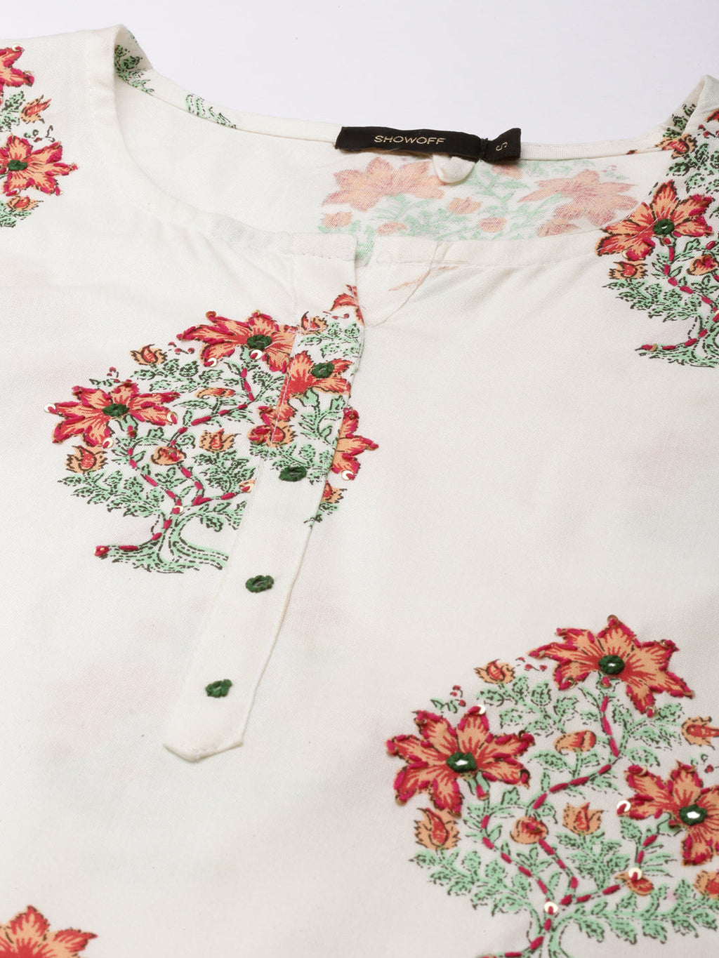 Women's Off White Floral Printed Round Neck Straight Kurta