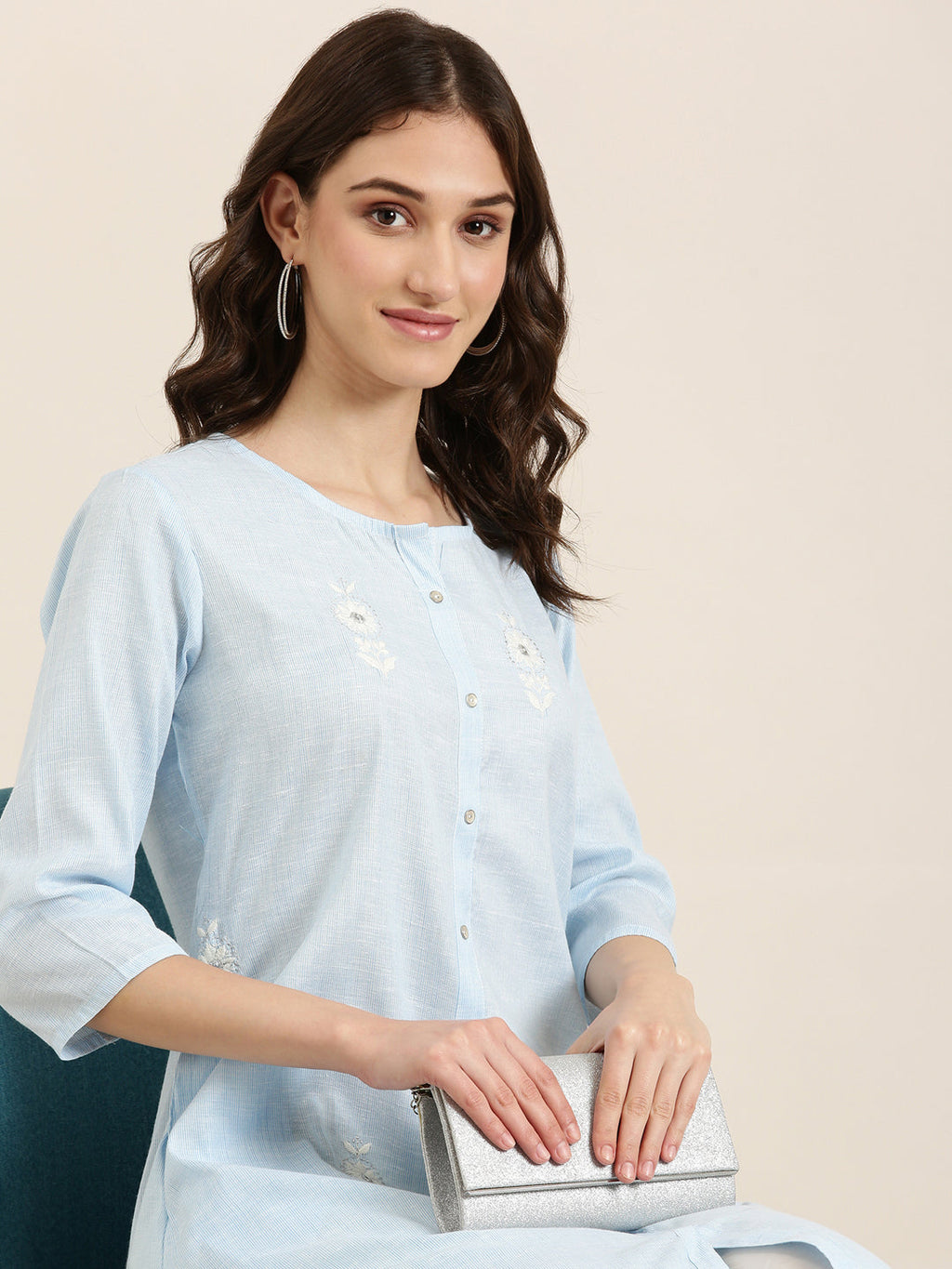 Women's Blue Thread Work Straight Kurta