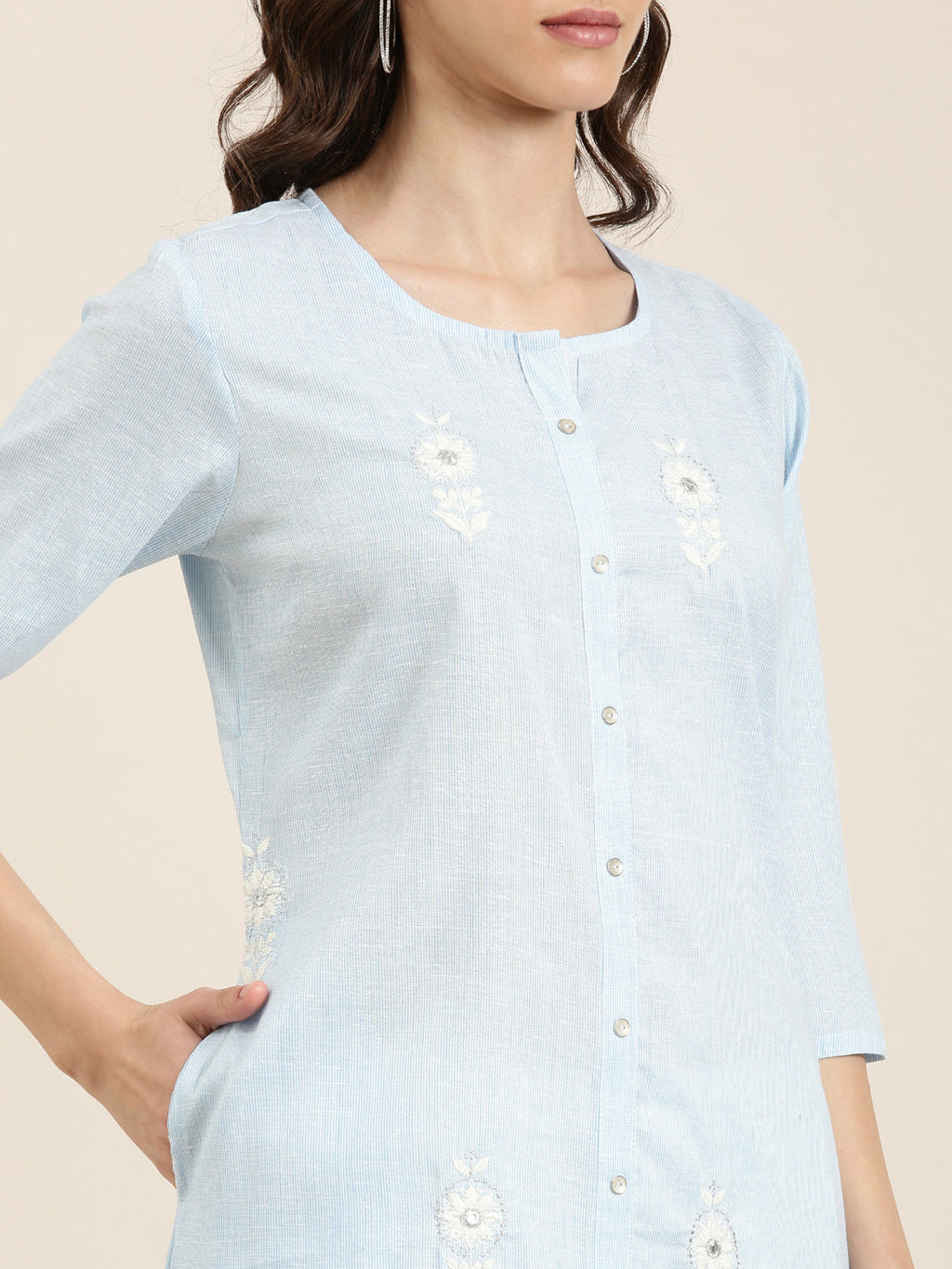 Women's Blue Thread Work Straight Kurta